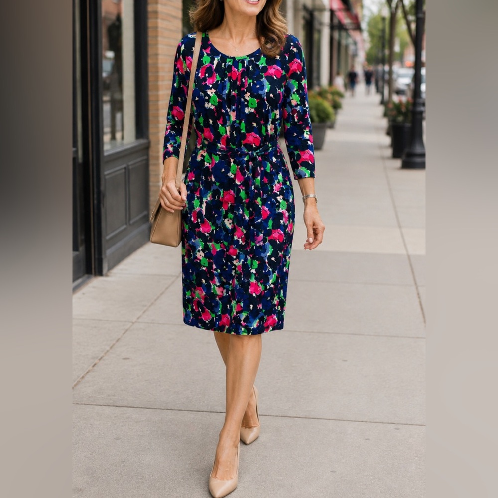 Talbots Floral Print Navy Multi-Color Midi Dress 1X